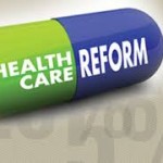 A pill with one side green and the other blue with white writing that says "healthcare reform" This is discussing what healthcare reform means