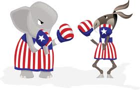 Elephrant and donkey signifying the parties of the Democrats and Republicans tussling about President Obama’s Game of Chicken. 
